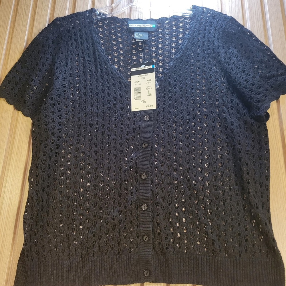 Requirements World Beat Black Crochet Knit Cardigan Short Sleeve VNeck Top L NWT